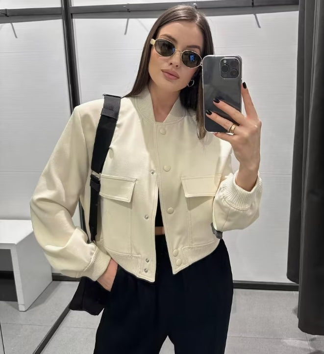 Stand Collar Large Pocket Jacket for Women