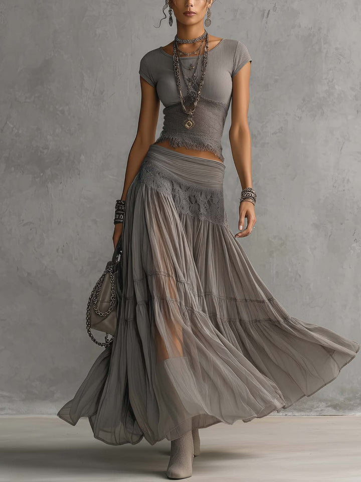Fitted Top and Pleated Maxi Skirt Set for Women