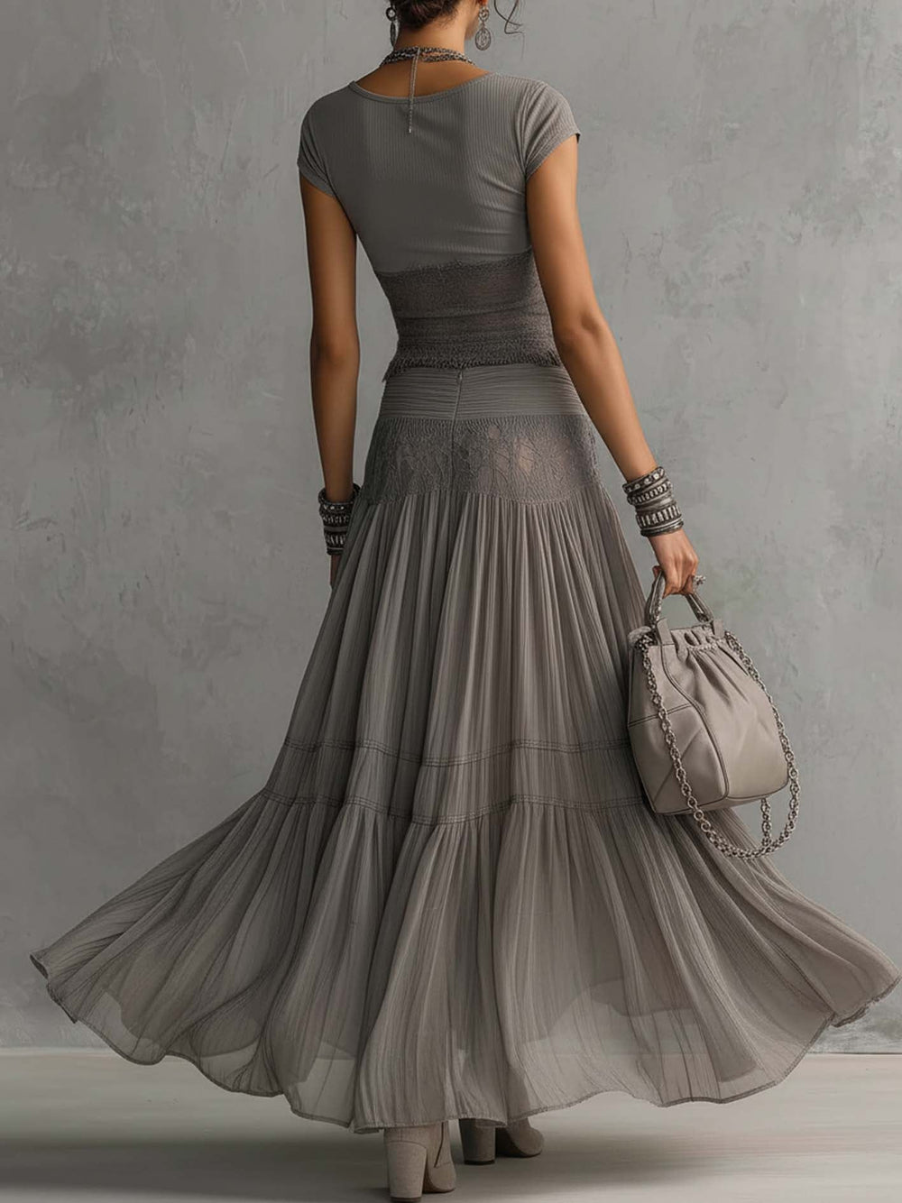 Fitted Top and Pleated Maxi Skirt Set for Women