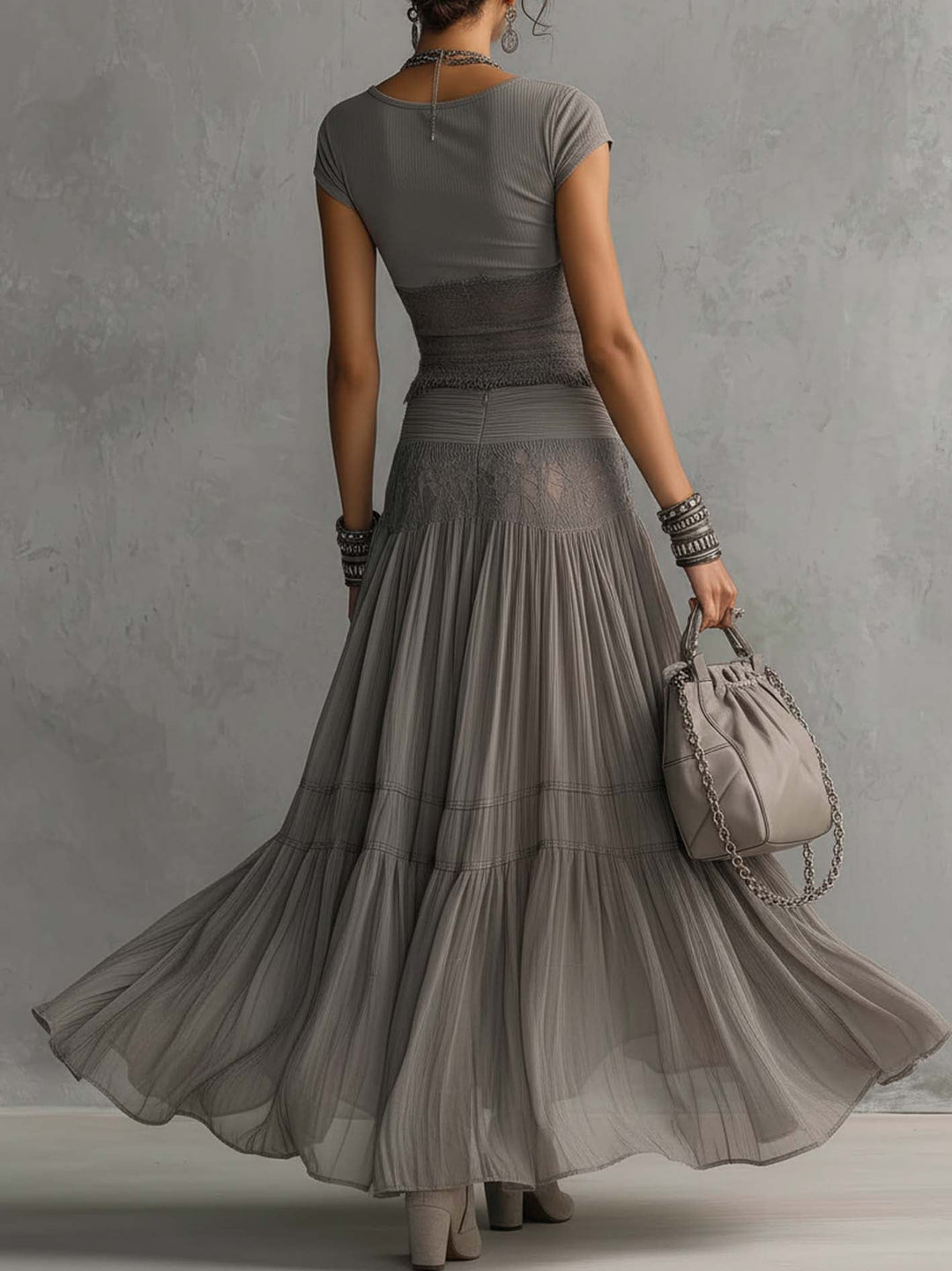 Fitted Top and Pleated Maxi Skirt Set for Women