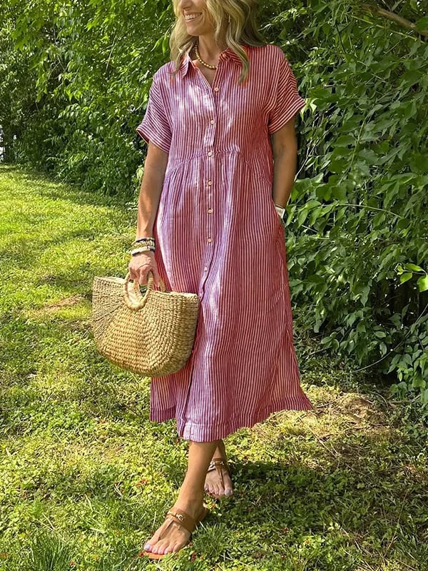 Striped Midi Shirt Dress with Pockets for Women