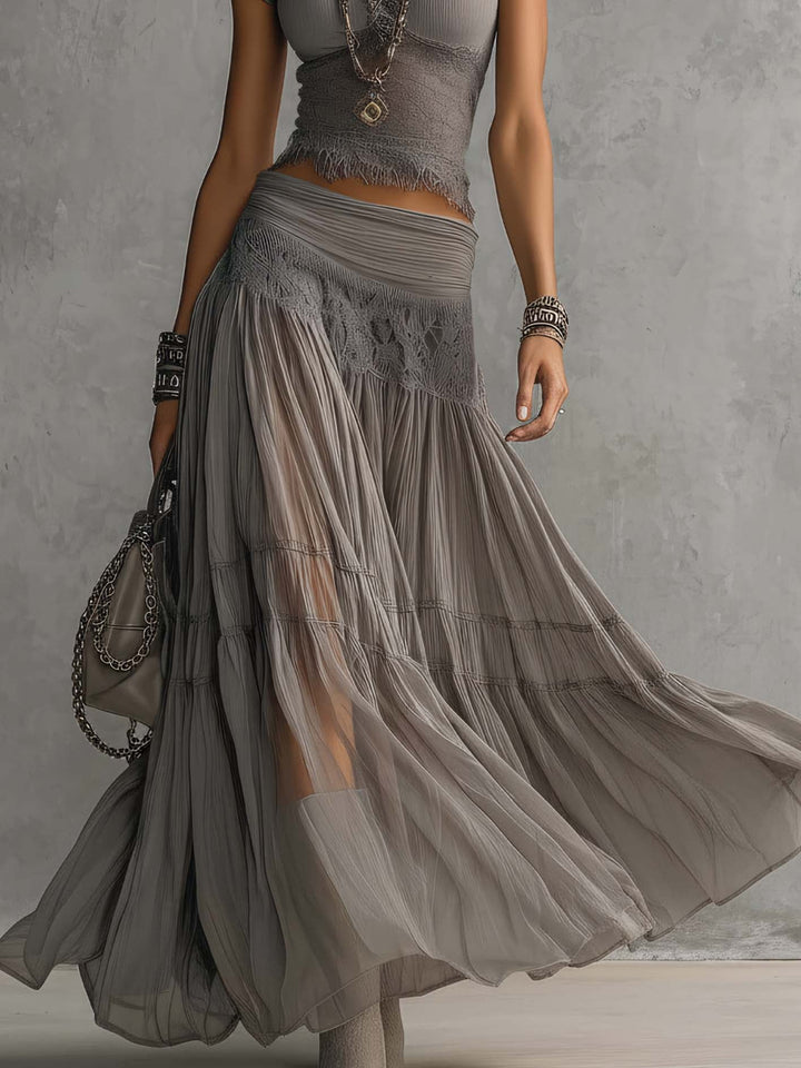 Fitted Top and Pleated Maxi Skirt Set for Women