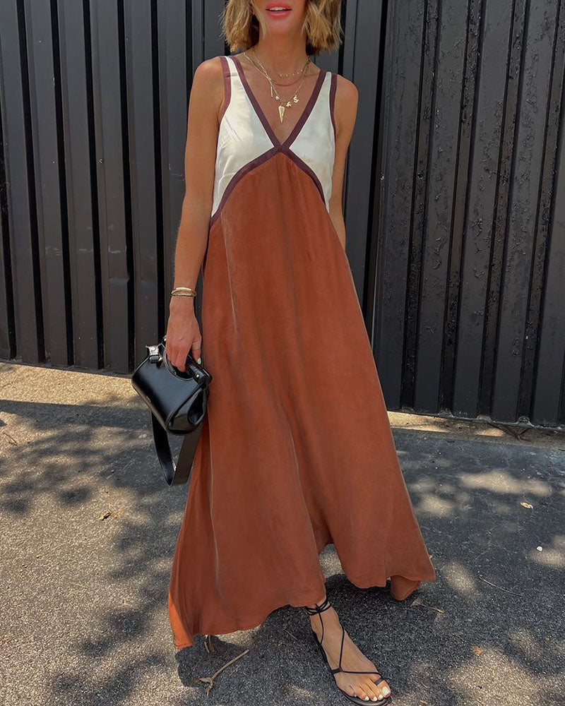Stylish V-neck Colorblock Dress Elegant