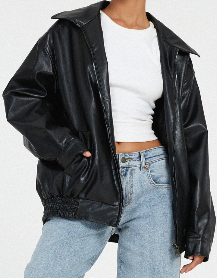 Oversized Faux Leather Zip Jacket for Women