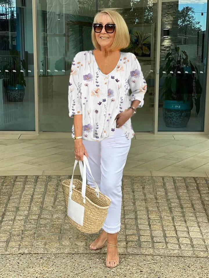 Floral V-Neck Blouse with 3/4 Sleeves for Women