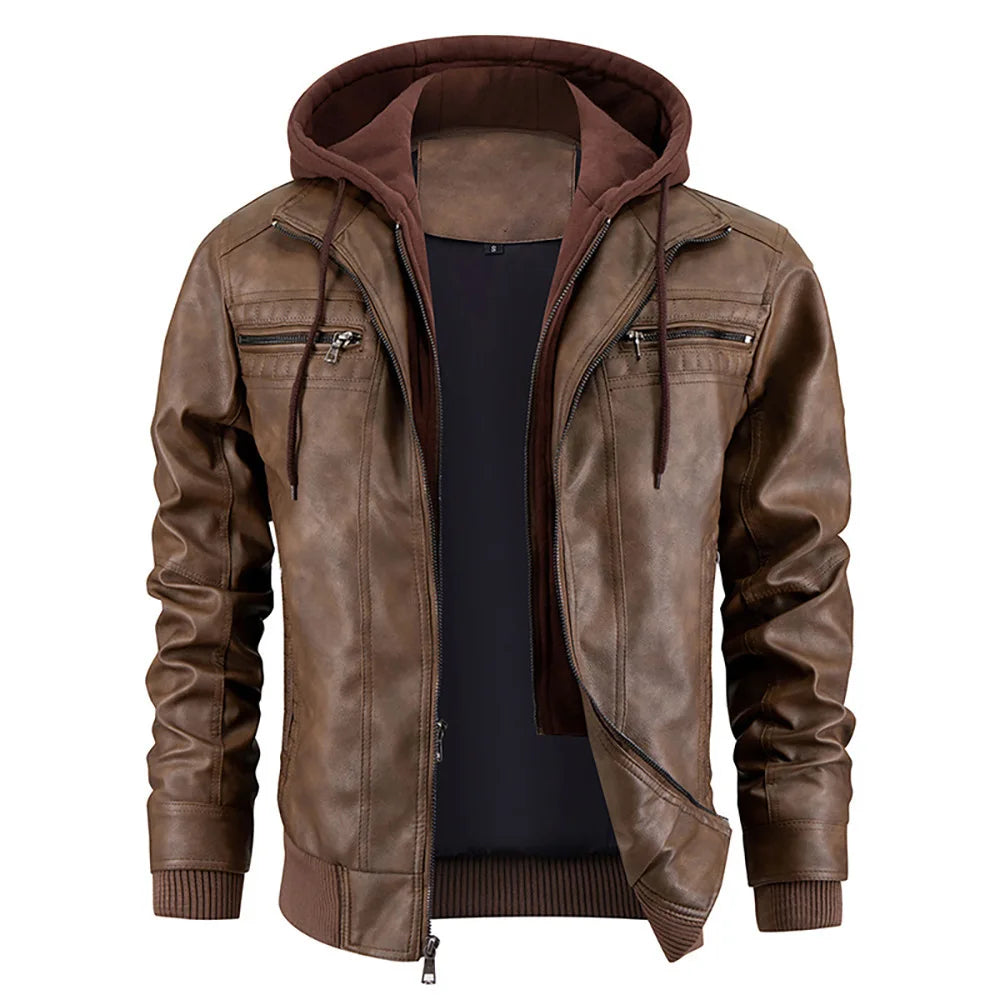 Hooded Leather Winter Coat for Men