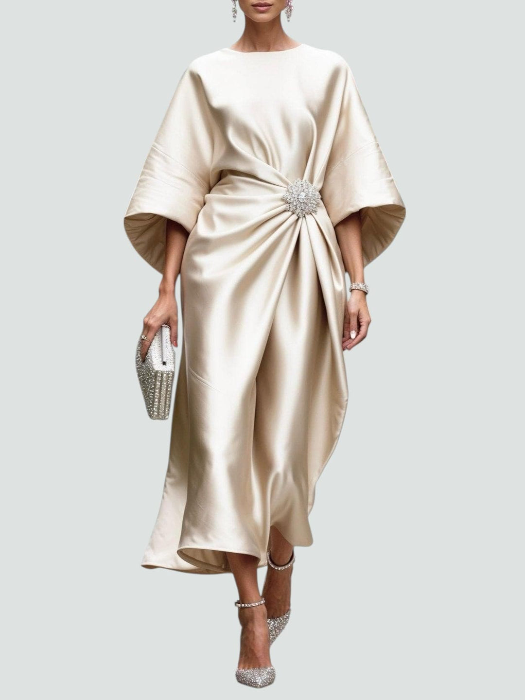 Draped Wide-Sleeve Midi Dress for Women