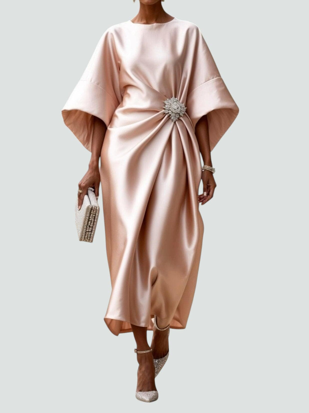 Draped Wide-Sleeve Midi Dress for Women