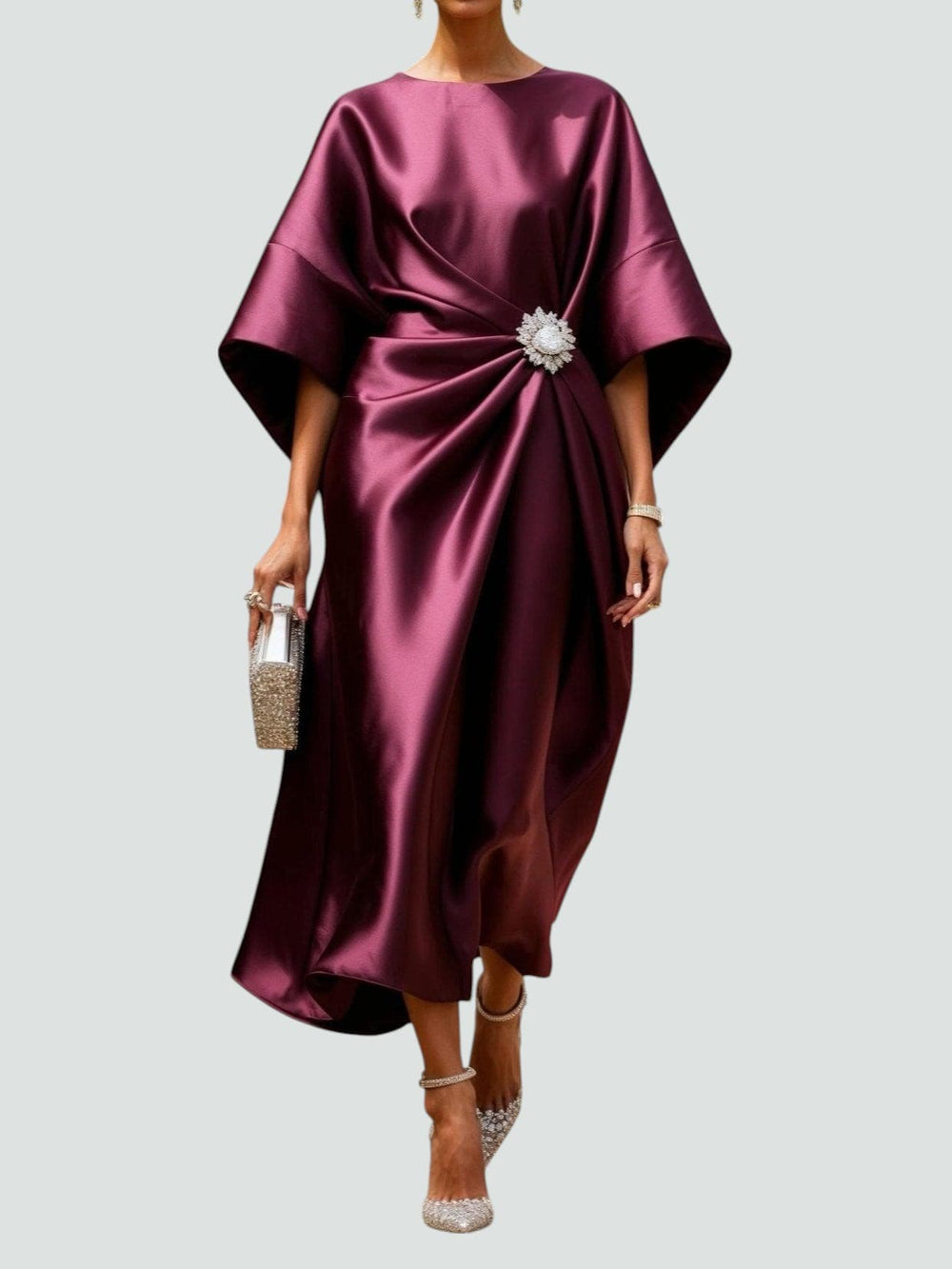 Draped Wide-Sleeve Midi Dress for Women