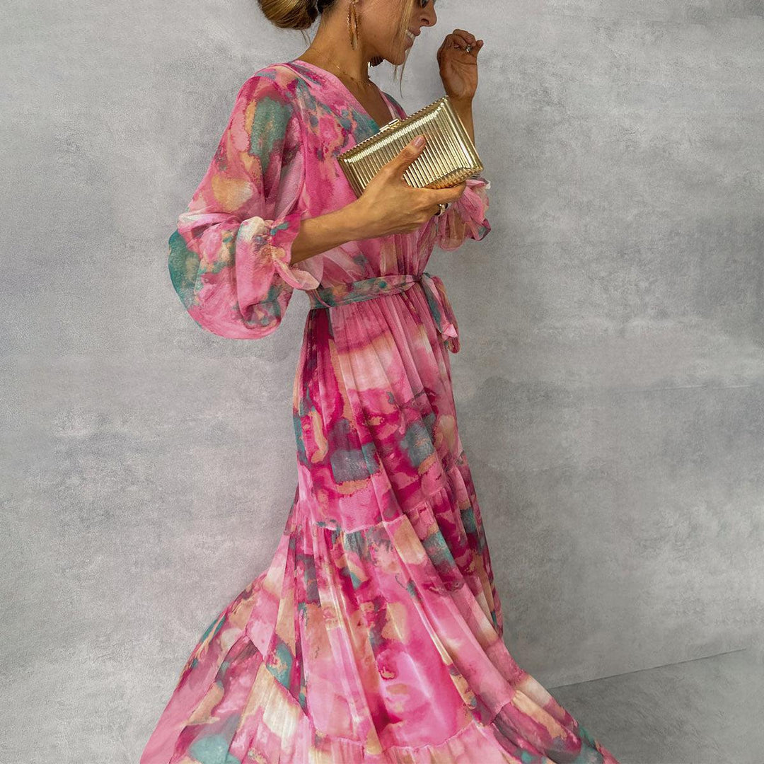 Elegant Floral Maxi Wrap Dress with Long Sleeves