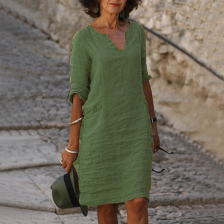 V Neck Midi Dress with 3/4 Sleeves for Women