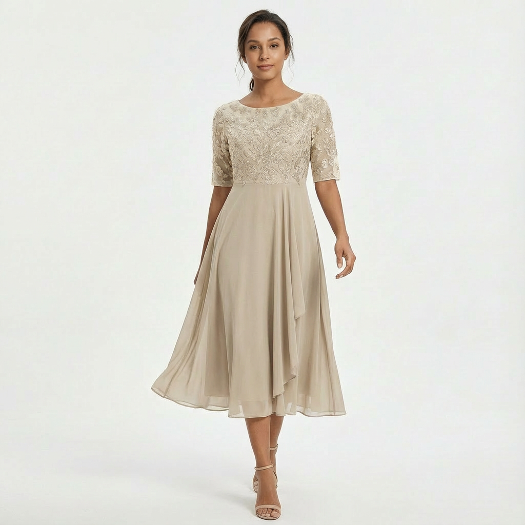Lace Midi Dress with Half Sleeves for Women