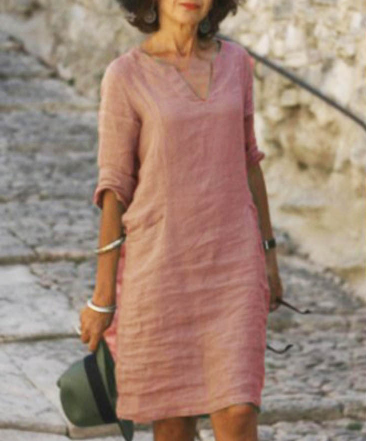 V Neck Midi Dress with 3/4 Sleeves for Women