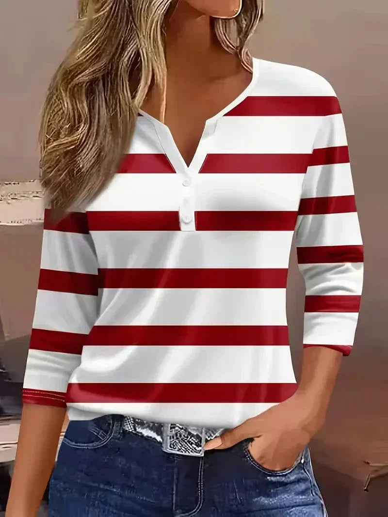 Striped V-Neck Three-Quarter Sleeve Top for Women