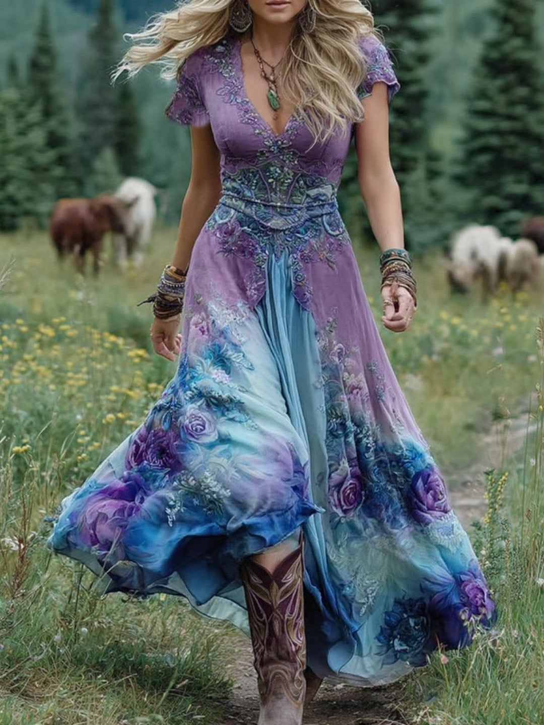 Floral V-Neck Maxi Dress for Women
