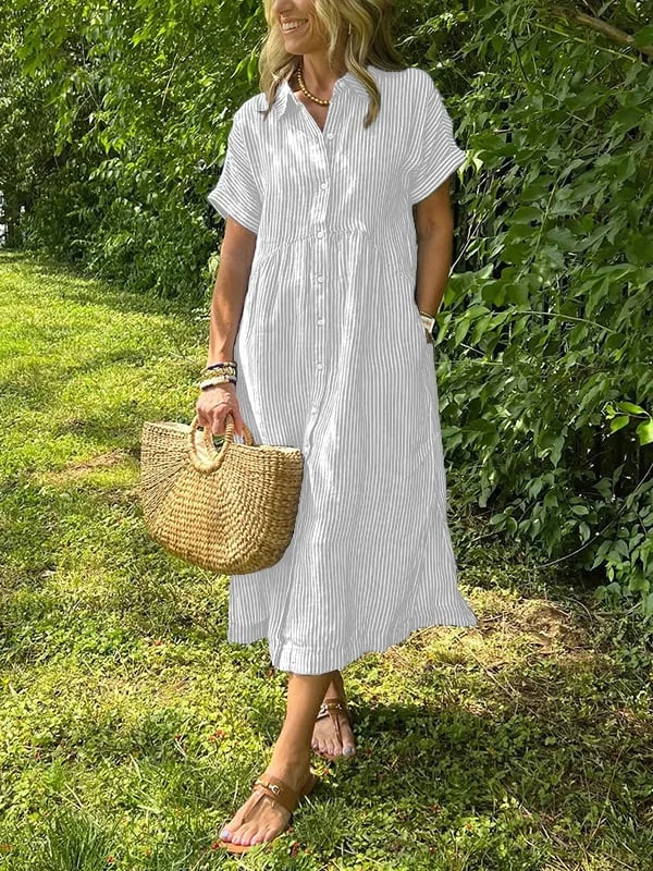Striped Midi Shirt Dress with Pockets for Women
