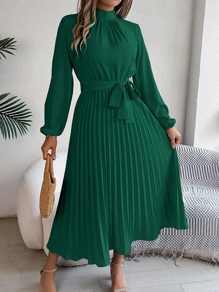 Stylish Pleated Midi Dress for Women with Adjustable Belt