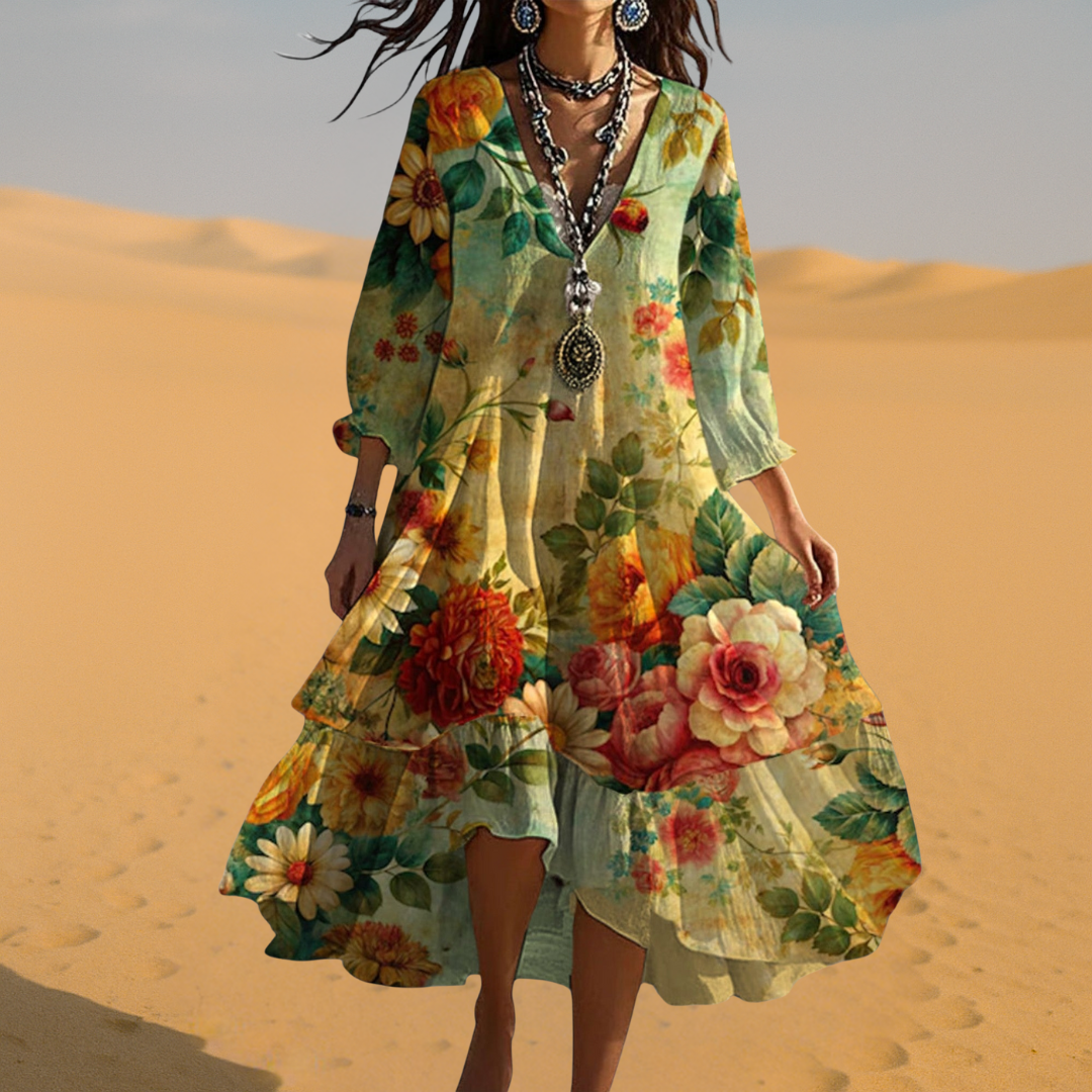 Floral Tiered Midi Dress with 3/4 Sleeves for Women