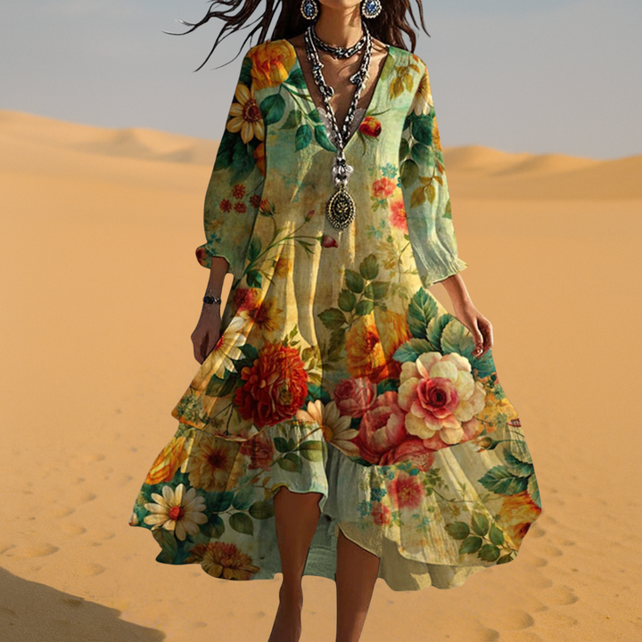 Floral Tiered Midi Dress with 3/4 Sleeves for Women