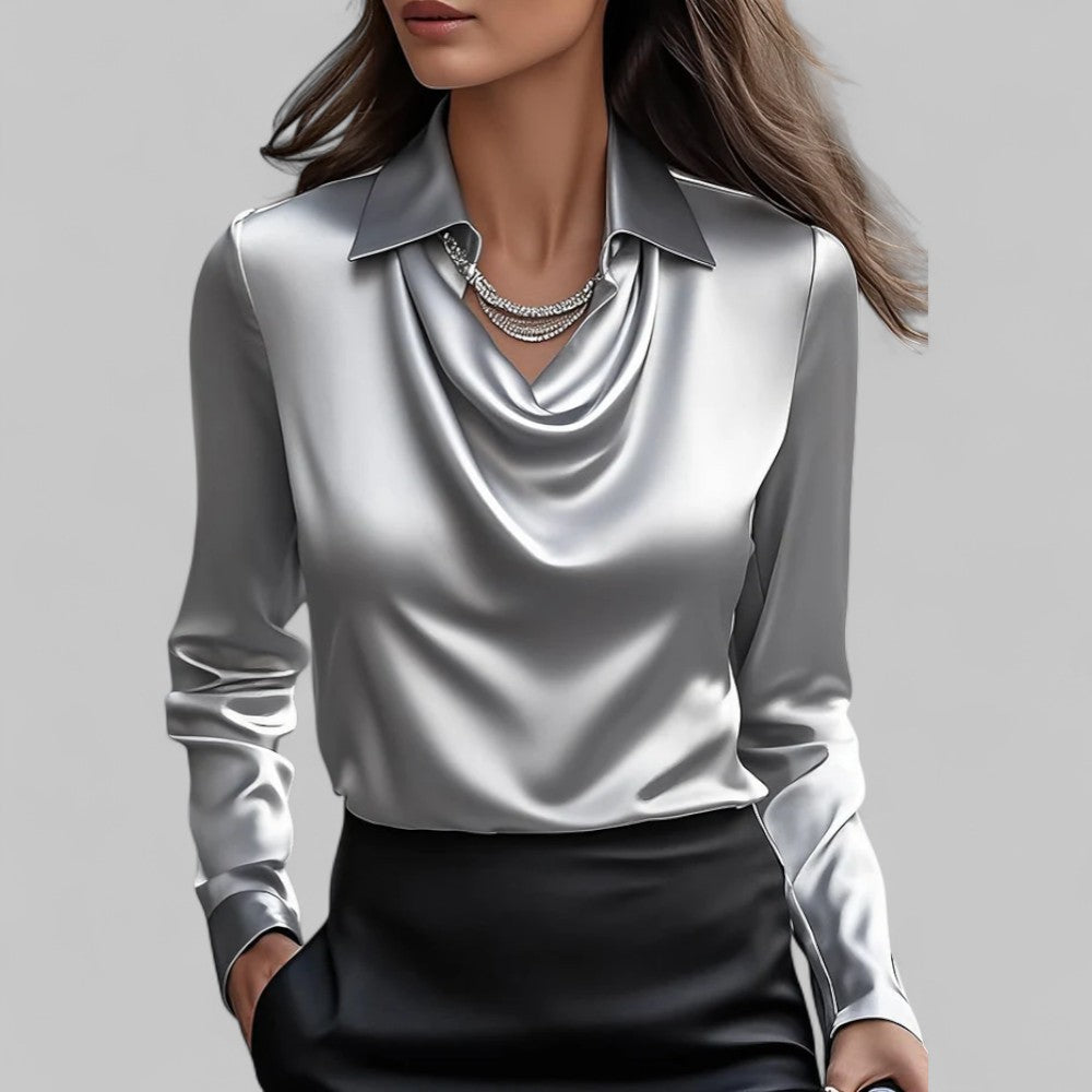 Draped Neck Satin Blouse for Women