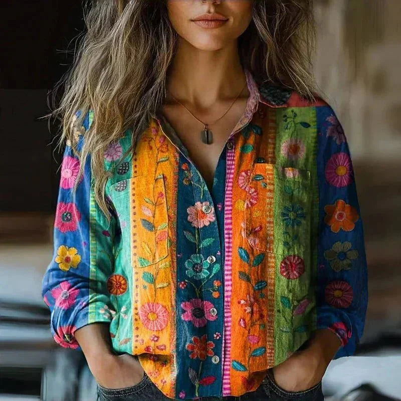 Printed Long Sleeve Button-Up Shirt for Women