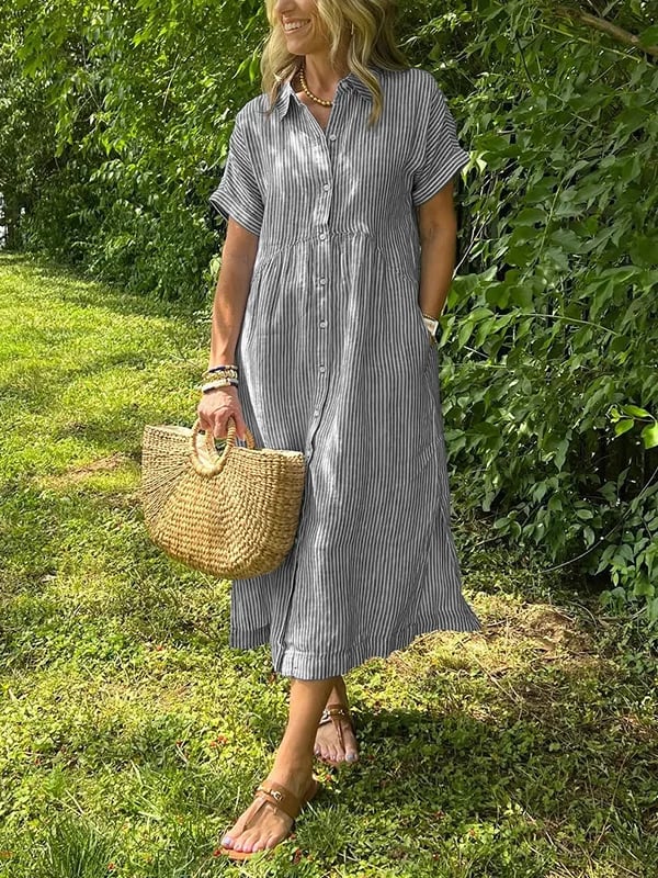 Striped Midi Shirt Dress with Pockets for Women