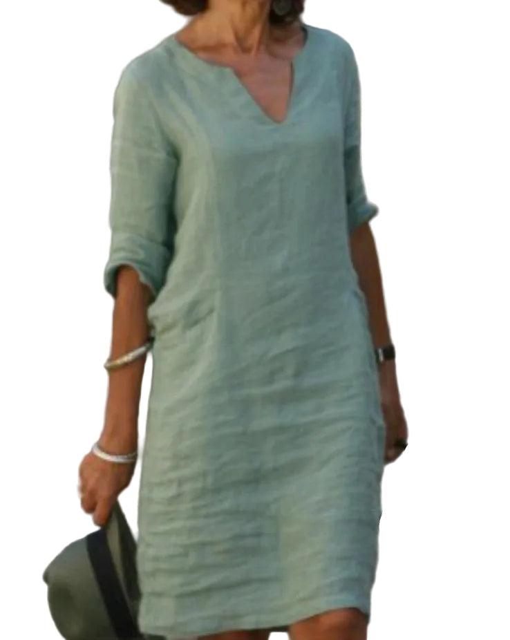 V Neck Midi Dress with 3/4 Sleeves for Women