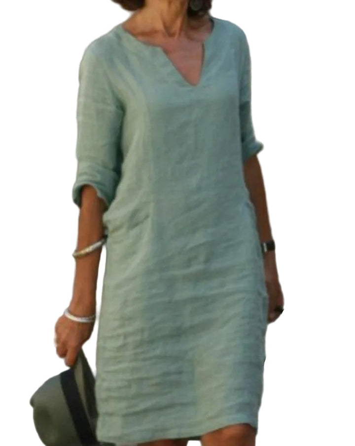 V Neck Midi Dress with 3/4 Sleeves for Women