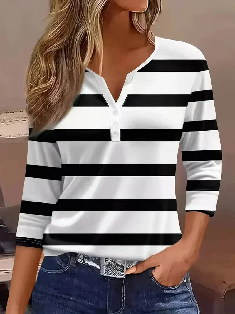 Striped V-Neck Three-Quarter Sleeve Top for Women
