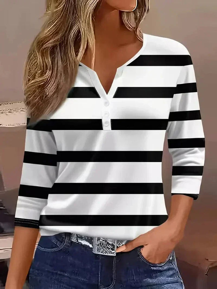 Striped V-Neck Three-Quarter Sleeve Top for Women