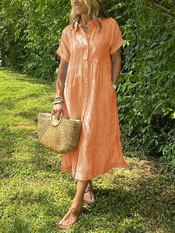 Striped Midi Shirt Dress with Pockets for Women