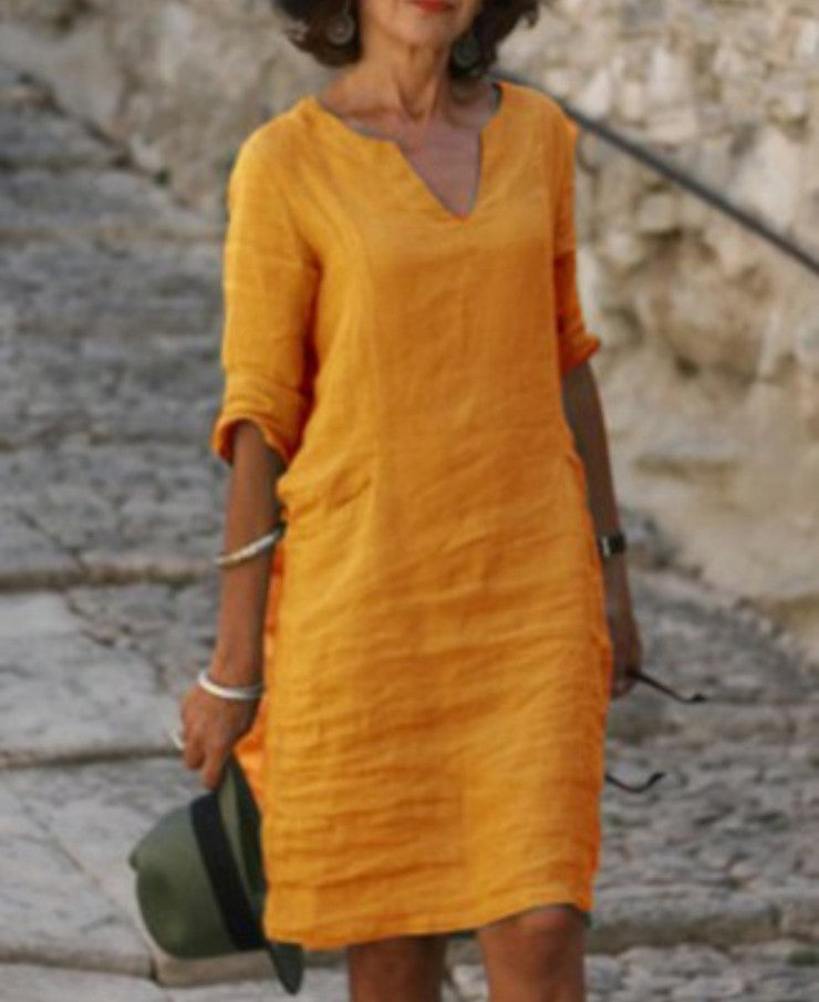 V Neck Midi Dress with 3/4 Sleeves for Women