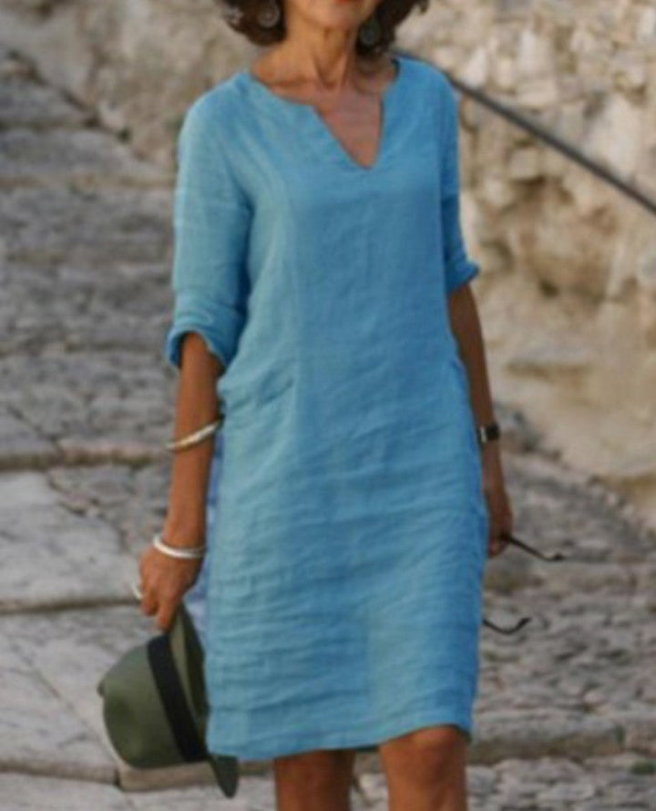 V Neck Midi Dress with 3/4 Sleeves for Women