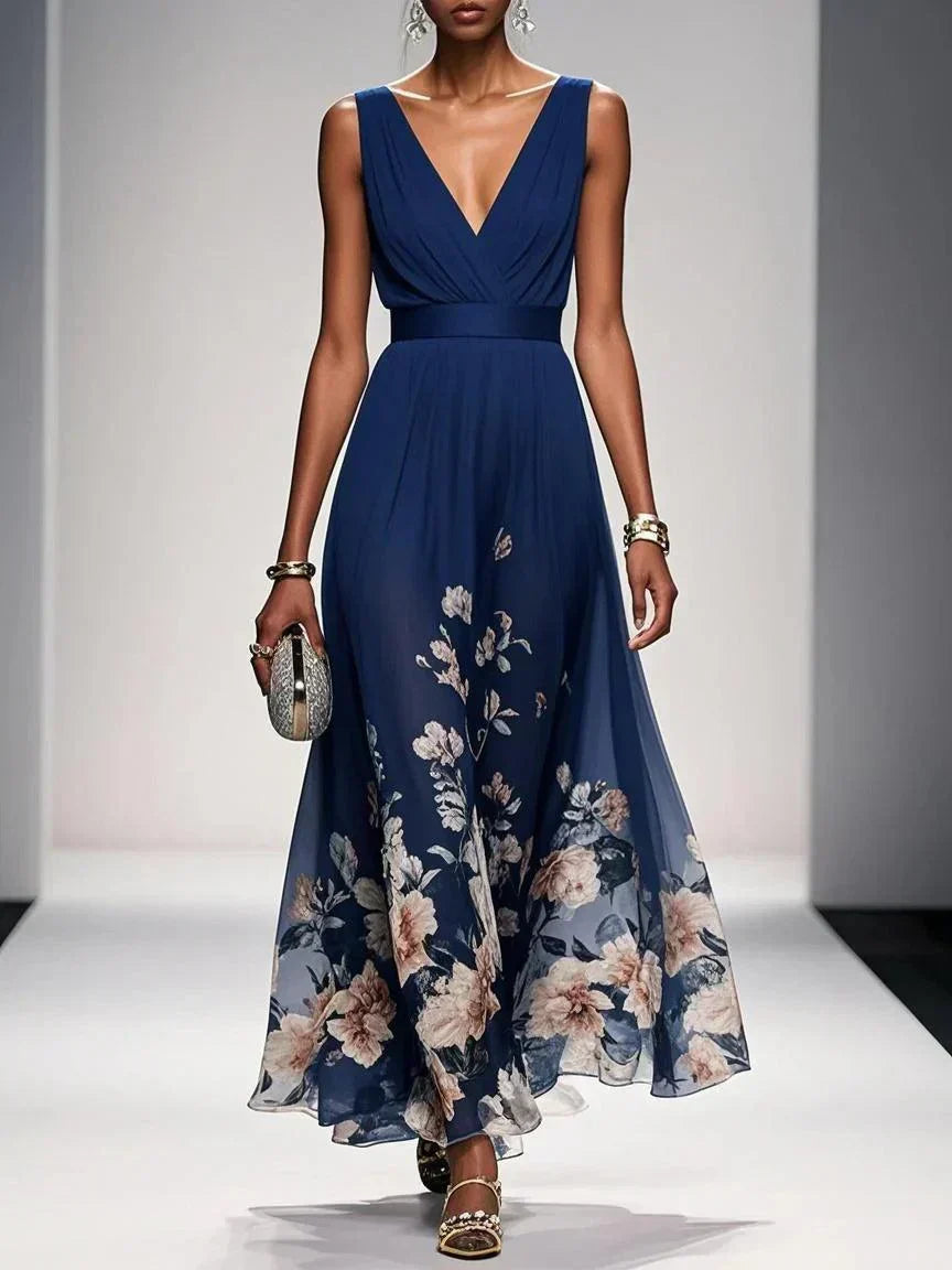 Floral Deep V-Neck Midi Dress for Women