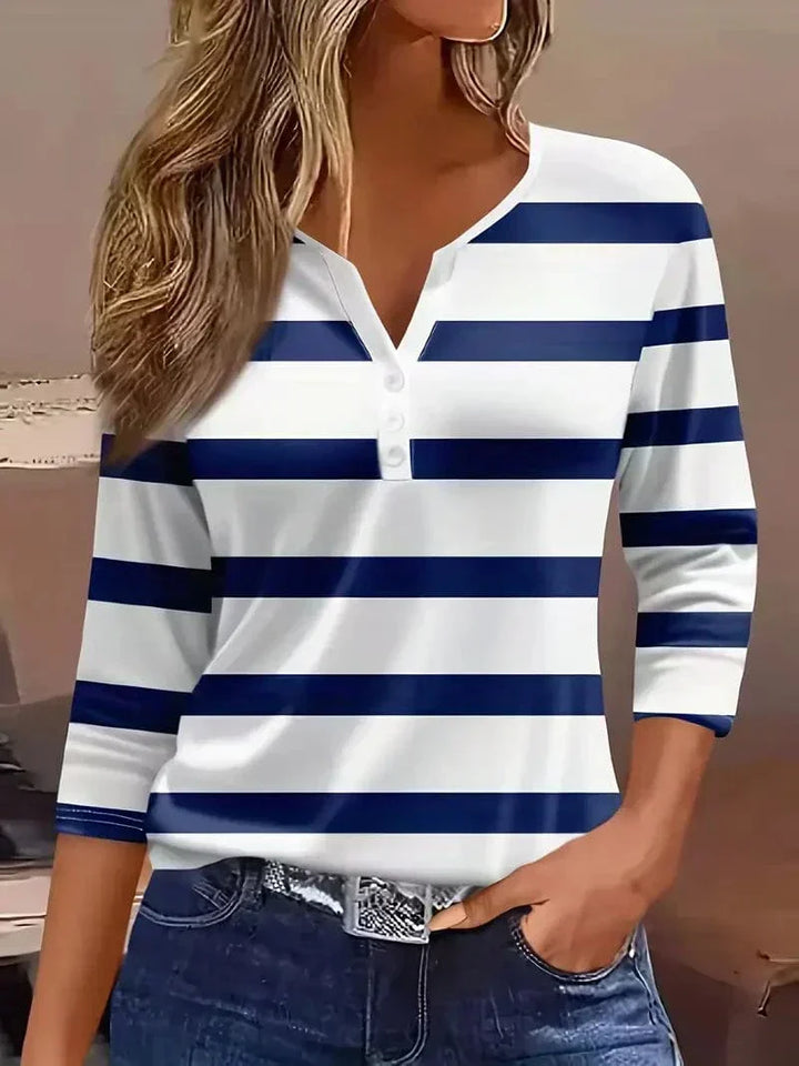 Striped V-Neck Three-Quarter Sleeve Top for Women