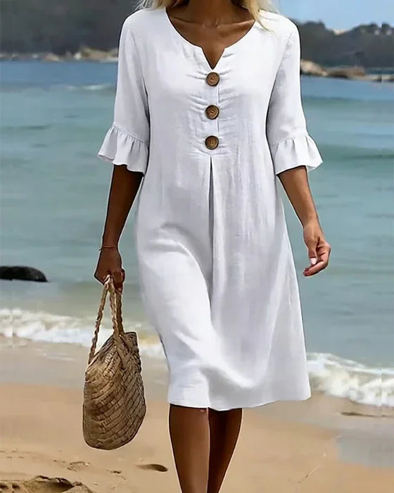 Button-Front Ruffle Sleeve Midi Dress for Women