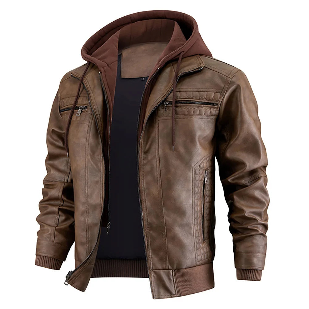 Hooded Leather Winter Coat for Men