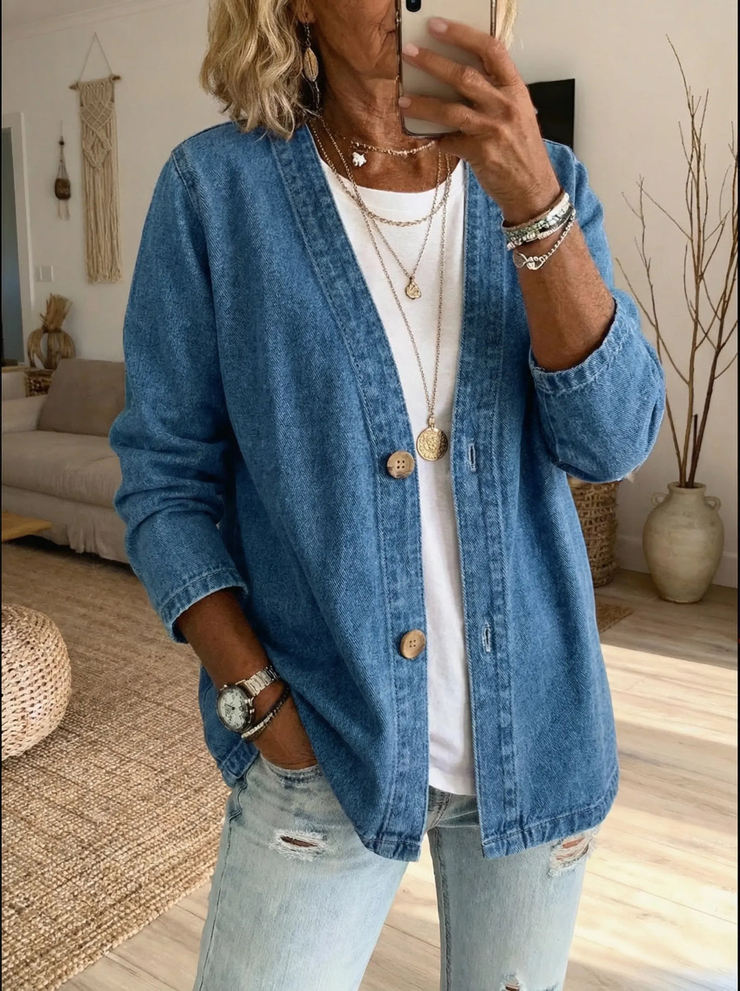 Buttoned Denim Cardigan for Women