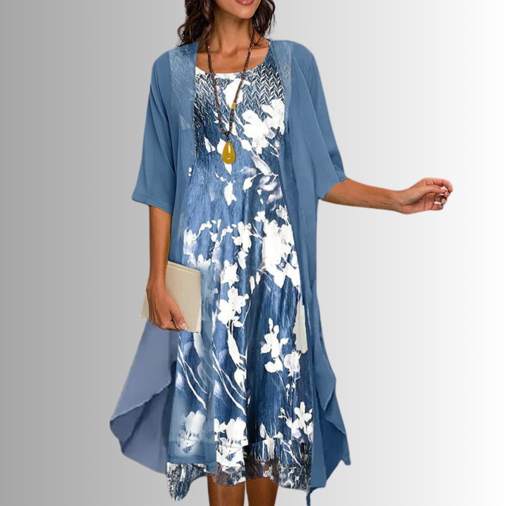 Printed Dress and Cardigan Set for Women