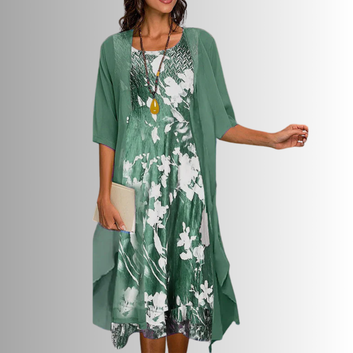 Printed Dress and Cardigan Set for Women