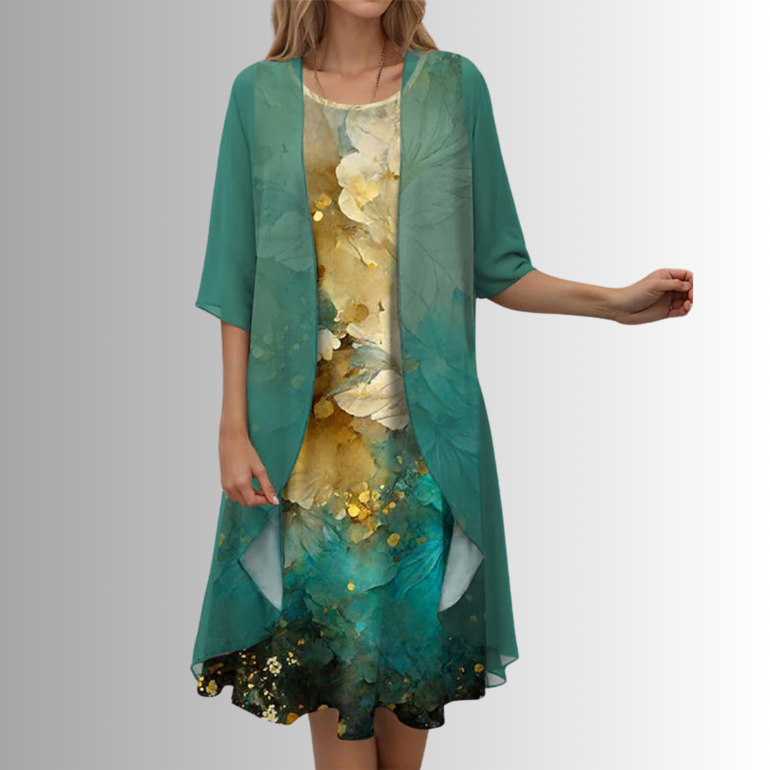 Printed Dress and Cardigan Set for Women
