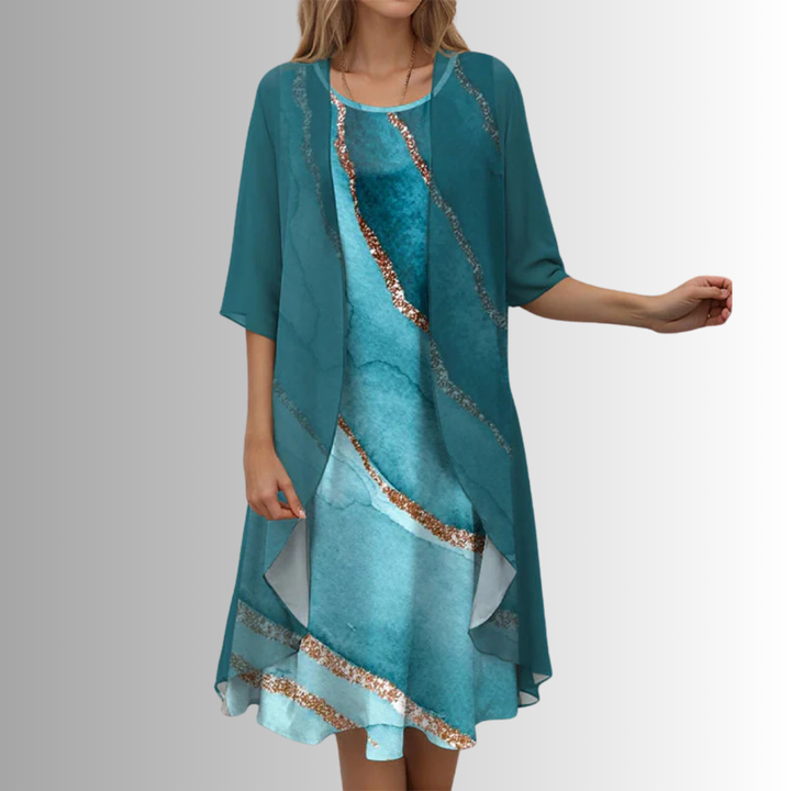 Printed Dress and Cardigan Set for Women