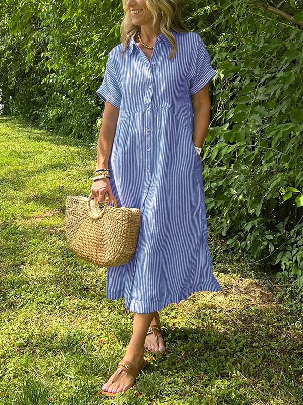Striped Midi Shirt Dress with Pockets for Women