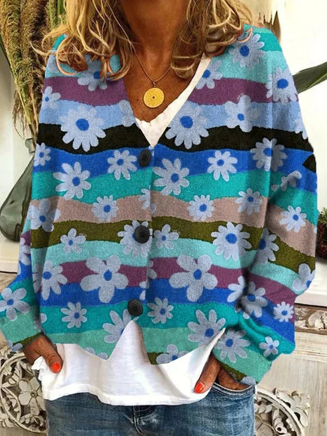 Floral Stripe Loose Knit Cardigan for Women