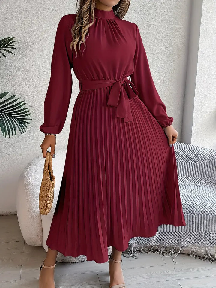 Stylish Pleated Midi Dress for Women with Adjustable Belt