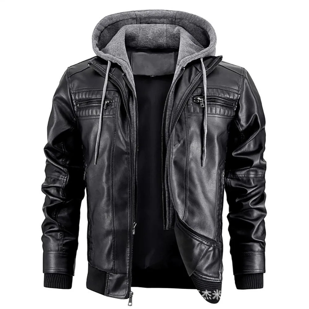 Hooded Leather Winter Coat for Men