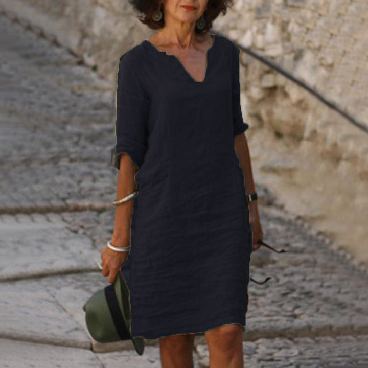 V Neck Midi Dress with 3/4 Sleeves for Women
