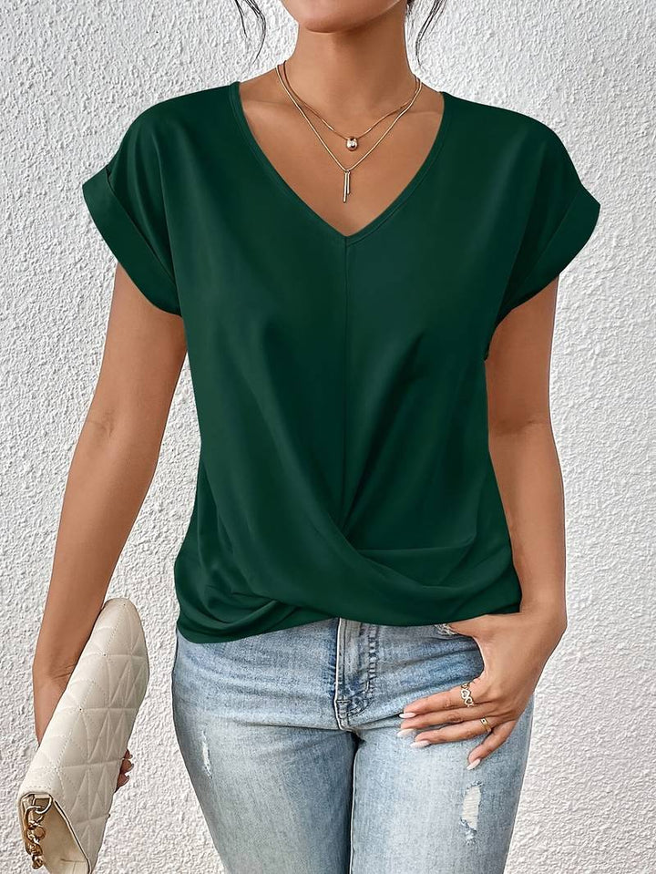 V-Neck Short Sleeve Tie Front Top for Women