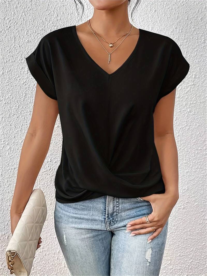 V-Neck Short Sleeve Tie Front Top for Women