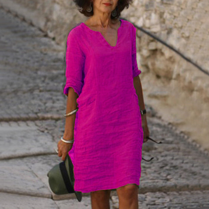 V Neck Midi Dress with 3/4 Sleeves for Women